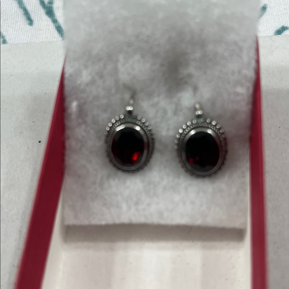 1970’s Silver tone and Garnet Red Oval Earrings